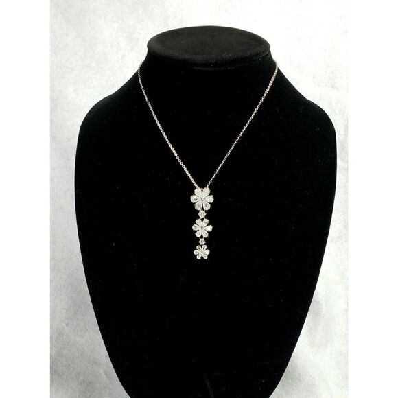 Unbranded Jewelry - Silver Toned Necklace Three Tiered Flower/Floral Shaped Clear Rhinestone 16"